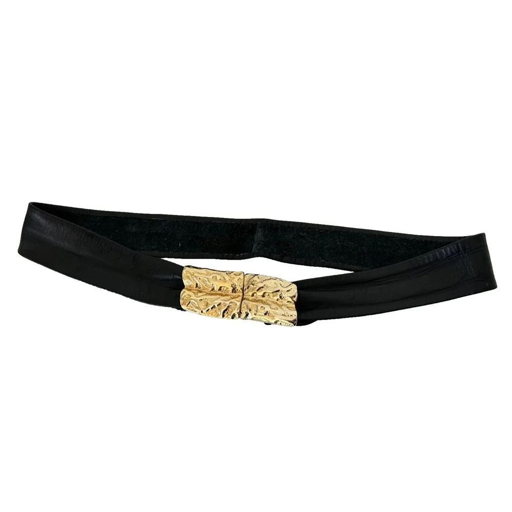 Vintage 90s REVCOR Modernist Textured Gold Clasp Black Leather Waist Belt Large